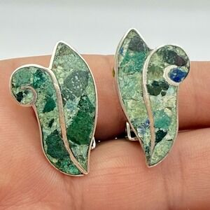 Vtg Early Taxco Mosaic Inlay Earrings Malachite Lapis Signed